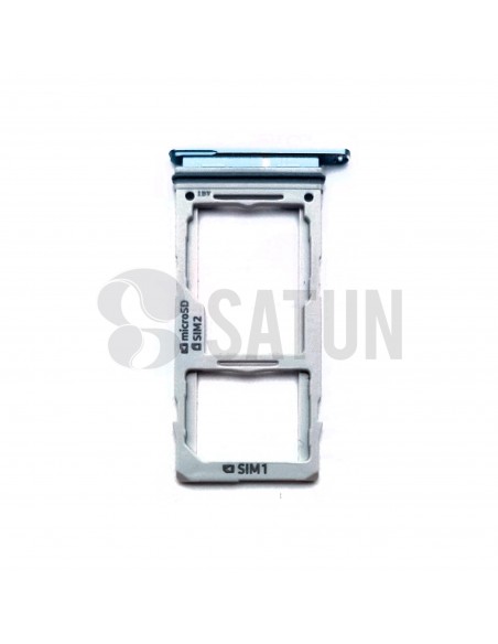 Bandeja dual SIM microSD Samsung Galaxy S10 azul frontal. GH98-43713C