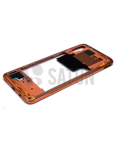 Carcasa intermedia Samsung Galaxy A70 naranja perspectiva. GH97-23445D
